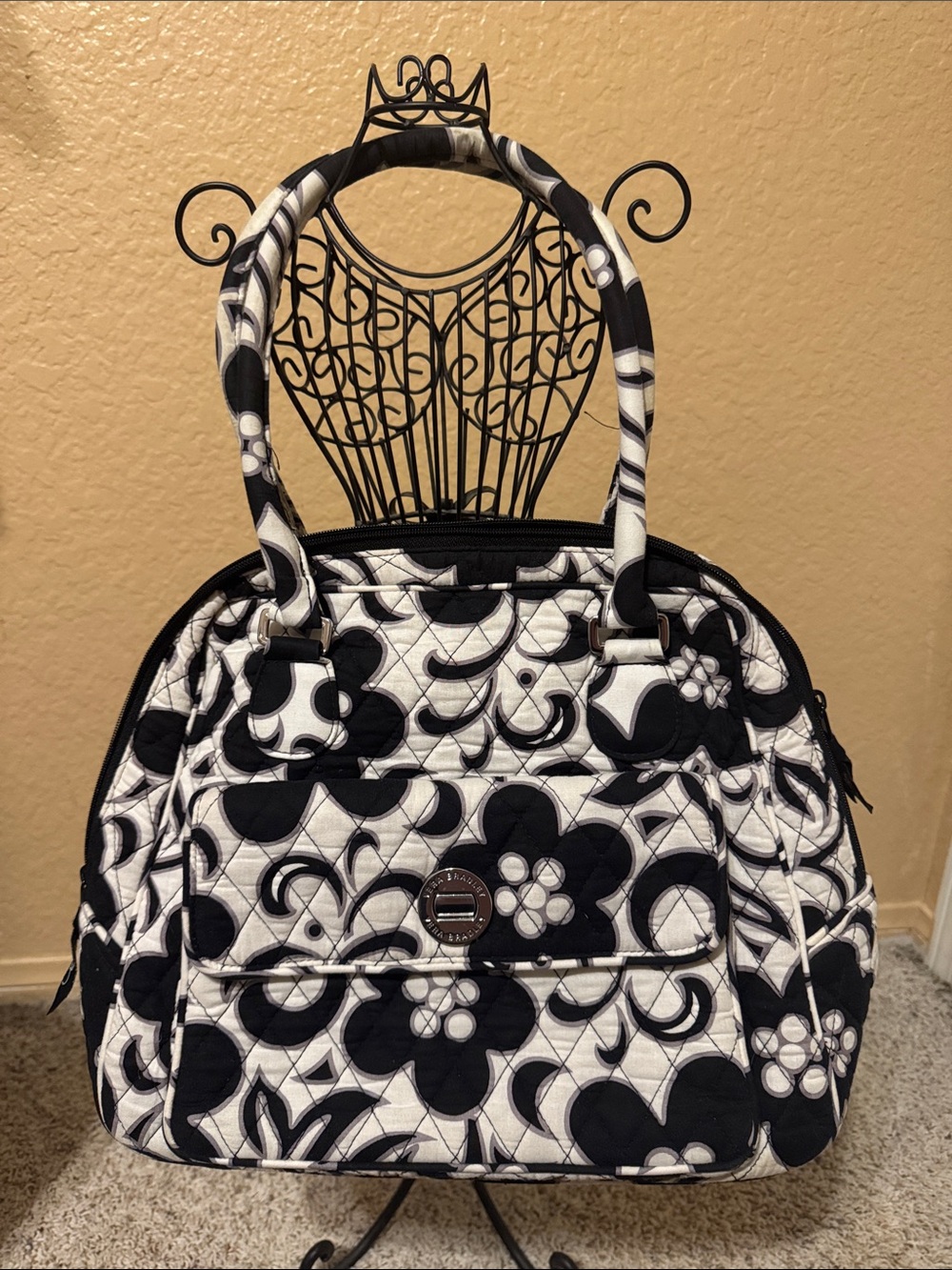 Quilted Floral Dome Satchel Handbag - Black & White Vera Bradley